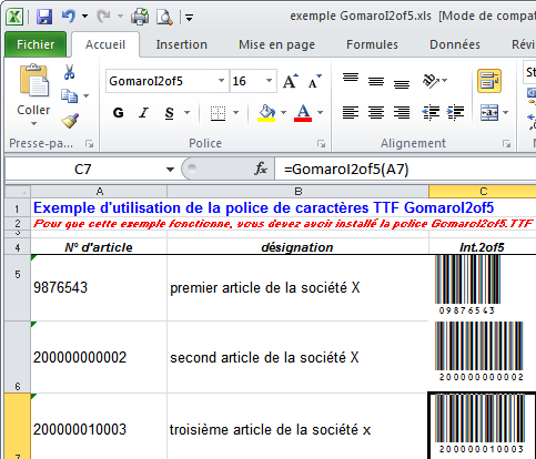 Gomaro I2of5 et MS Excel