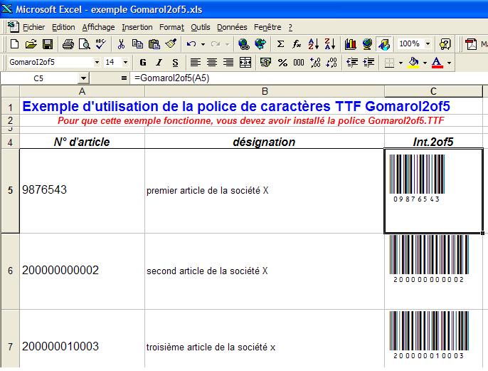 Gomaro I2of5 et MS Excel